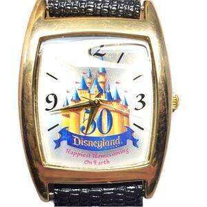 Disneyland 50th Anniversary Analog Watch Gold Black Leather